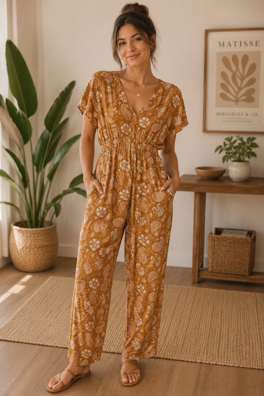World Market Floral Jumpsuit S/M Orange Rust Brown Fall Wide-Leg Pockets